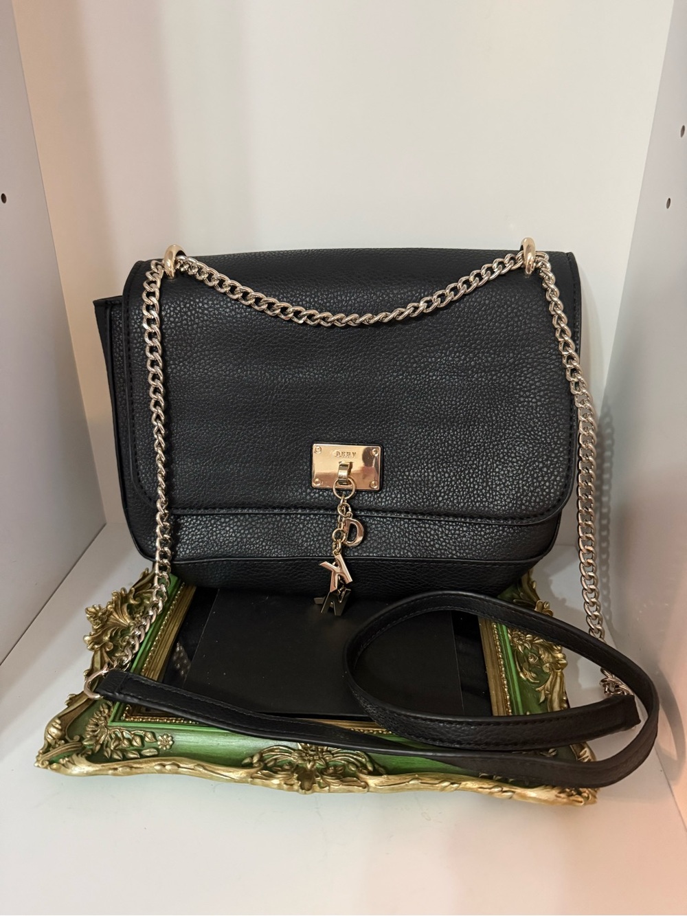 DKNY Black Leather Shoulder Bag with Gold Chain